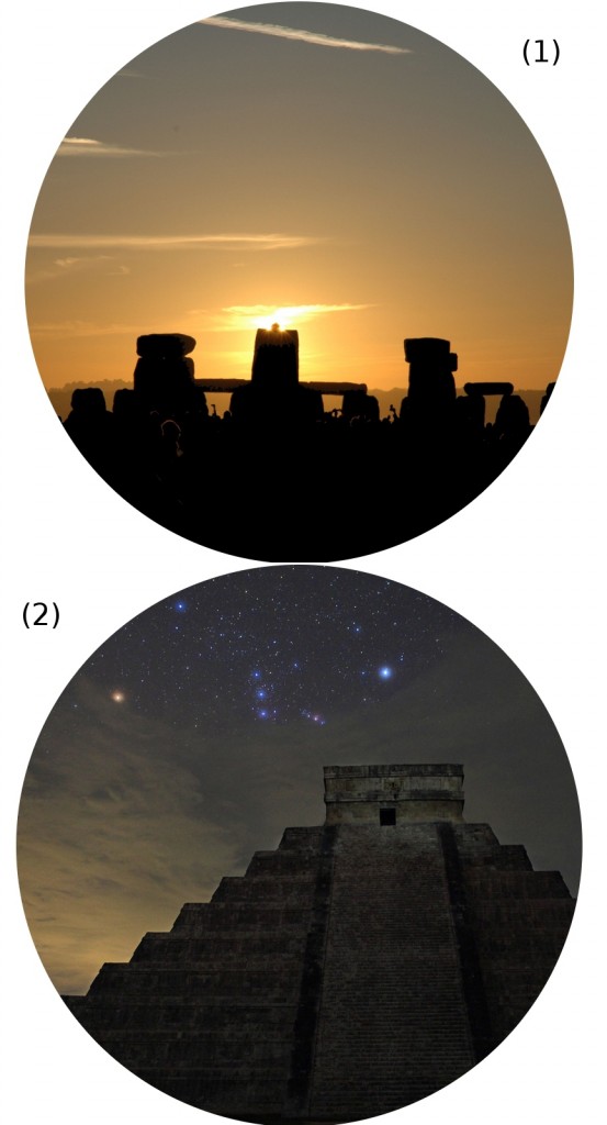 Paisaje celeste de Stonehenge en la campiña britanica (1) y de Chichén Itźa en Méjico (2)