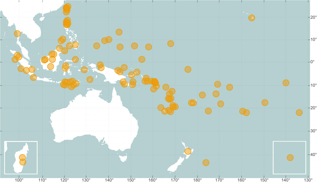 Geographic distribution of cultures in the Pulotu database
