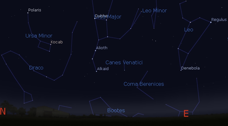 Mapa del cielo para localizar Leo a partir de la Osa Mayor (hecho con el programa Stellarium). Leo-Osas-Stellarium