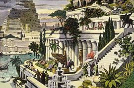 Reconstrucción de Babilonia con los Jardines Colgantes. Artística del siglo XVI Martin Heemskerck.