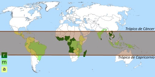 Mapa de producción mundial de cafetos. Crédito de Wikipedia.